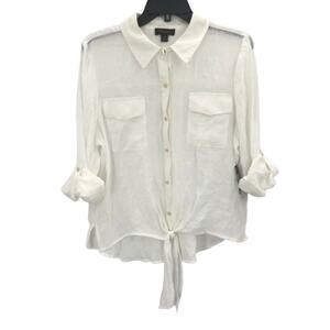Thalia Sodi Front Button knot Tie Blouse Shirt Top Roll Tab Sleeves White Large